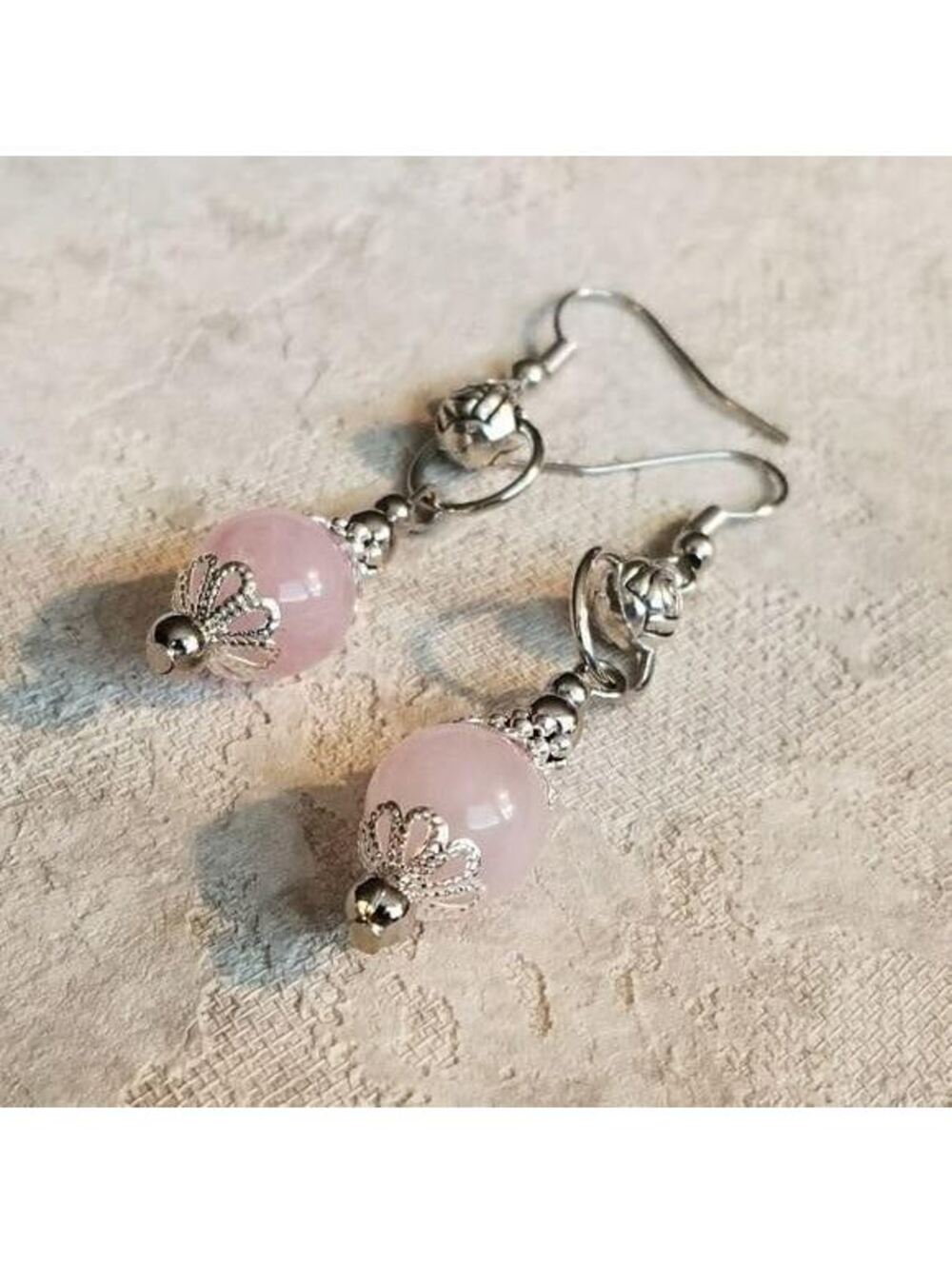 Lacy Gemstone Earrings Rose Quartz Silver and Pink